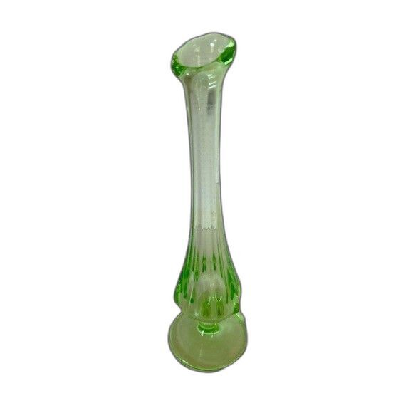 VTG 8” Green Footed Swung Glass Bud Vase Glows Vaseline Glass - Picture 2 of 6